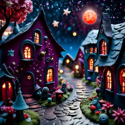 Detailed people, creepy street made of modeling clay, naïve, kh7, village, stars and planets, splimapys, sun, splops, volumetric light flowers, naïve, Tim Burton, strong texture, sgudyut, orero dream, extreme detail, 2mkl, Max Ernst, decal, rich moody colors, sparkles, Harry Potter, bokeh, odd, sbuc