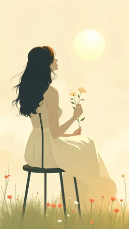 A women sitting on a chair holding a flowers and looking at the Sun beautiful surreal fantasy Abstractions tranquility. minimalism,