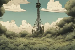 radio tower, overgrown, background, comic book,,, cinematic