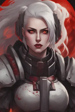 drawing, female soldier, warhammer 40k, messy white hair, pale eyes, sadistic, dressed in a bloody imperium dark armor, standing on a bloody battlefield, blood moon in the background, sci-fi, confident, highly detailed face, very high resolution, fierce, evil