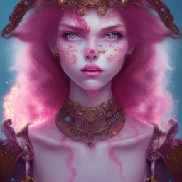 Fire witch, sweet looking, intimidating beauty, young, round face, pale skin, freckles, wild curly pink hair, red colored eyes, wearing a pink witch hat, wearing a glowing pink-red crystal necklace, pink and red eyeshadow, glossy pink lips