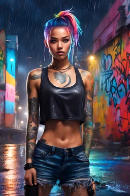 masterpiece, concept art, centered, wide shot, front view, 1girl, wet, (rain, night), body tattoo, multicolored ponytail hair, tank top, cute, stylish, sexy pose, graffiti wall background, city landscape, (epic composition, epic proportion), contrast, vibrant color, volumetric lighting, HD
