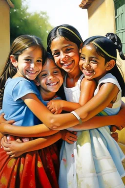 cuban childeren girls hugging each other and smiling painting neoclassism