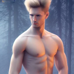 Male, Human, Blond, galactique, Fire Mage,blue Eyes, Young, Photorealism, Full Body Shot, Forest Background blue