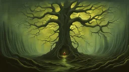 a surreal painting, a tall scary tree