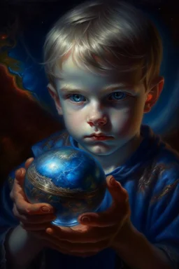 book cover illustration, oil painting portrait of metallic sleeping slightly cute smirking innocent blue eyed vampire holding small earth on a platter, bokeh , high detail, smooth render, prize winning, down light, depth of field