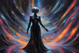 In the depths of a neon-noir galactic festival, a shimmering figure stands amidst the swirling chaos. The image, a mesmerizing oil painting, captures the scene with vivid detail and impeccable craftmanship. The figure, adorned in sleek black and silver attire, exudes an aura of mystery and power against a backdrop of pulsating lights and shadows. The artist's skill shines through in the expertly rendered textures, from the gleaming metallic accents to the inky depths of the background. This capt
