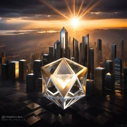 In a mesmerizing scene, envision 4 diamond and silver and gold symetric hexagonal prism repeating 3d mandelbolb fractal structure against the backdrop of a gleaming modern futuristic future stormy sunset cityscape. Suddenly, without warning, the hexagonal prism begin to collapse and cascade to the floor, creating a symphony of light and sound as they shatter into a myriad of sparkling fragments. Explore the juxtaposition of beauty and destruction in this captivating moment.