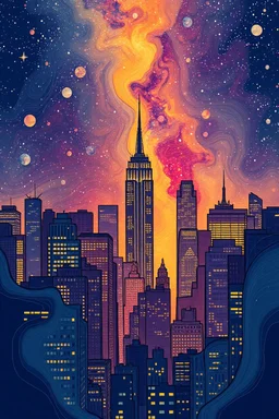 New York City buildings at night in Abstract Fluid, Galaxy nebula thin line draw style