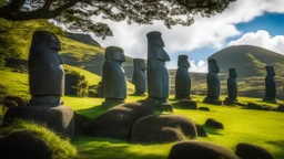 calm beauty, fantasy, magic, splendor, uplifting, inspiring, therapeutic, Easter Island stone statues, springtime, sunlight, chiaroscuro, color, award-winning colour photograph, Nikon 135mm