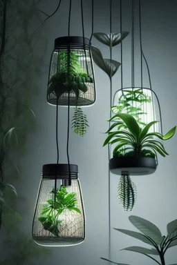 artefactos de iluminación suspendidos con plantas y malla metalica