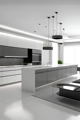 Cozinha e sala grande minimalista moderna, luxuosa,planta