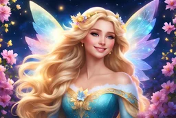 big fairy wings. As the night sky casts its dreamy gaze upon Elsa, amidst the vibrant blossoms of spring, her blonde right long straight hair locks shimmer like a golden halo. smiling. high purity. highly detailed, digital art, beautiful detailed digital art, colorful, high quality, 4k