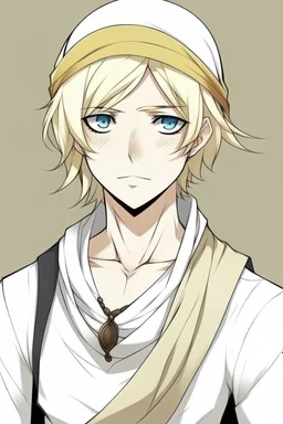 "Draw an Arab anime man character in the style of the anime 'Vanitas.' The character has blonde hair, fair skin, wears simple Arab clothing, has beautiful and lively features, and is slightly larger in size."