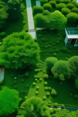 birds eye view of a green area outside a building