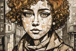 create an abstract cubist, lithographic print illustration of an epic grubby and ragged,17th century female Paris street urchin with highly detailed and deeply cut facial features, in the style of GUSTAV KLIMT, EDWARD BURNE-JONES, WILLIAM MORRIS, and KATHE KOLLWITZ combined with the comic art style of BILL SIENKIEWICZ and JEAN GIRAUD MOEBIUS, searing lines and forceful strokes, precisely drawn, boldly inked, and darkly colored