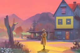 whimsical arafed nonsense, patchwork vibe, acrylic and ink painting of a cozy village main street on undulating hills with color (((minimal))) sketches of village people with (((extremely long limbs))), (((oversize head))), sharp color contrasts, amazing shadows, (((exaggerated limbs and head))), minimal cozy, warm palette, bright bold warm summer colors, color leak, sparse bright orange-red splinters, heavily distorted views, amazing parallels, amazing reflections
