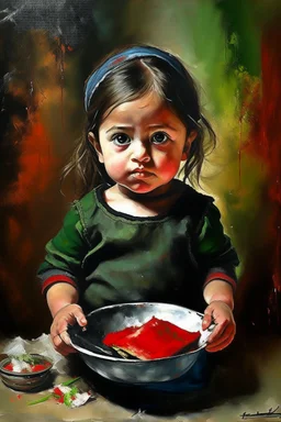 an expressive painting of a 3 years old girl poor with Ruth clothes asking for food with a pan in her hand painting, with Palestinian flag in the background, we might see a companion with features of absolute strength and determination, blended with warmth and deep faith. Perhaps his face expresses wisdom and courage, with eyes radiating confidence and faith.