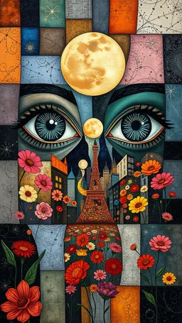 Cubistic patchwork. Inside the mind of the glass mirror witch. Giant eyes. Tunnel of flowers. Cityscape of moon and sparks. Modifiers: high definition Picasso Cubism by Paul Klee