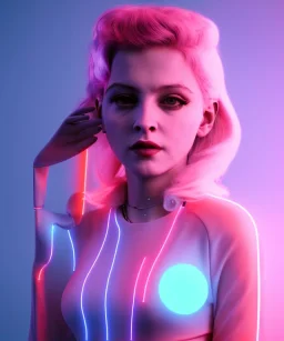 Artist, young madonna, android woman, sweet, blonde, white skin, long eyeliner, contour make-up, color leds lights, short hair, circuits, cyberpunk, latex coat, feather, cyber punk, neon, cables, portrait, studio photo, unreal engine 5, soft color, 16 bit, god lights, ray tracing, RTX, lumen lighting, ultra deatail, volumetric lighting, 3d, finely drawn, hd.