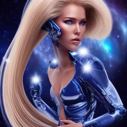 A beautiful portrait of a galactic woman blonde hair in a galactic suit in cosmos blue