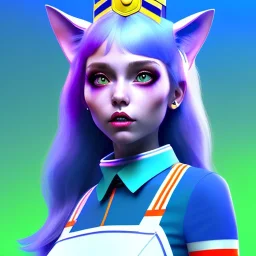 waitress teenager, Caucasian race, cat ears latex headband, rounded face, short hair, blue makeup, striped shirt, vibrant color, highly detailed, gradient background, concept art, smooth, 16 bit, unreal engine 5, god rays, ray tracing, RTX, lumen lighting, ultra detail, volumetric lighting, 3d, finely drawn, high definition, high resolution.