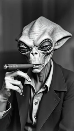 Get An old picture style of black and white mono very bad quality looks very old camera picture of an alien smoking a cigar like al capon , year 1900