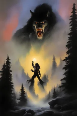 "Double Exposure" {{{{paul stanley full color oil painting art by Alex Ross, fog and clouds rising in the foreground}}}}. {{{{A giant werewolf roaming the woods at night, oil painting art by frank frazetta}}}}