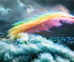 precise digital photo of a rgb random multicolour tornado made of smoke particles, over a stormy ocean, high waves colliding with the smoke, foam, intricate, 8k, extremely detailed, cgi, hyperrealistic render, volumetric lighting, impressive volumetric clouds, vitality colors, double precision