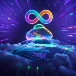 Colourful 3D glowing infinity symbol ∞, hovering above a colourful glowing cloud, network and lights coming from the cloud onto a futuristic map of the globe, inspiring, neon, glowing, friendly, beautiful, octane render, 8k post-production, artstation: award-winning: atmospheric: commanding: fantastical: clarity: 16k: ultra quality: striking: brilliance: liquid medium: stunning colors: amazing depth; lens: f/8, 28mm