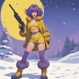 [illustration by Moebius] Faye Valentine, clad in her iconic outfit (a yellow short and a yellow crop top), stands in the snow of Callisto with furry boots. She points her trusty gun. Amidst the icy winds and swirling snowflakes, Faye's violet hair is an 80s update of the flapper Bob, reflecting the cold beauty of the alien world.