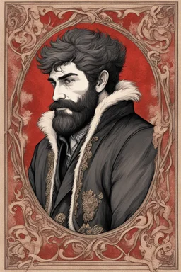 man, medieval, fighter, russian, croocked nose, czar, rich, simple clothes, short messy hair, thick beard, oligarch, leather coat with fur, brocade clothes, pencil drawing,red hair, muscles, background frame, 20 years old