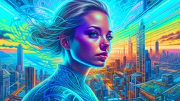 A portrait of a woman formed by a surreal, dreamlike mental landscape reminiscent of double exposure photographs, with layered, swirling clouds and neurological pathways evoking the futuristic, dystopian cityscapes of Cyberpunk 2099 and Blade Runner 2049. Inspired by Vincent Callebaut’s innovative, eco-friendly designs and the complex, mathematically driven patterns of the Fibonacci sequence, seamlessly blending into a dark, misty atmosphere. Igor Morskoy’s signature blend of organic and synthet
