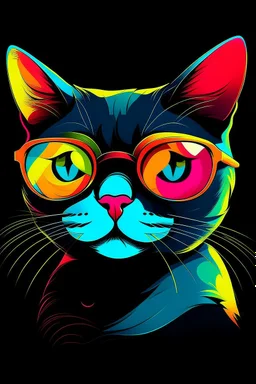 Acrtoon 2d art illustration . Colourful cat wears a black glass