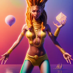 dhalsim as woman with dreads, yoga artist on a boat in the air, maze background , levitated lab equipment, 4k, Highly Detailed, Masterpiece, perfect eyes, Digital Illustration, Cinematic Lighting, Realistic, Sharp Focus, Centered, Beautifully Lit, Bioluminescent by Stanley Artgerm Lau