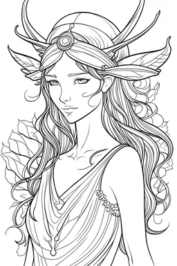 outline art for colouring pages with portrait of a water fairy queen, sketch style, only use outline. clean outline, white background, no shadows