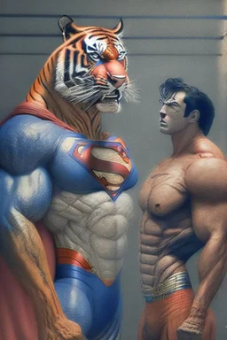 A picture of a talking tiger in the form of a superman, a professional, high JPEG image