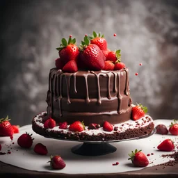 chocolate and strawberies birthday cake, 4K, dramatic scene