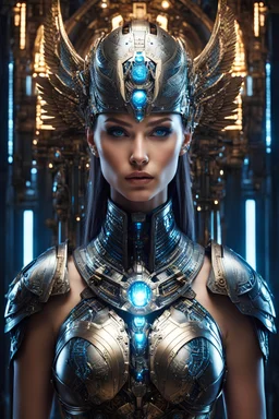 Gorgeous photography super model Russian as Cyborg Beautiful and sexy woman dressing Biomechanical Symmetry Facing front portrait of Horus, sci-fi armour, tech wear, glowing colors lights sci-fi, intricate, elegant, highly detailed, digital photograph
