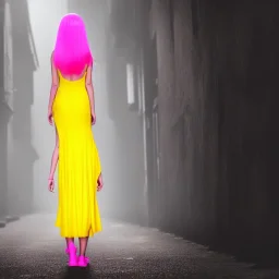 Beautiful lonely girl who walks along a street without people at dawn. You see her from behind. She wears a very short yellow dress. She has long pink hair with glowing crystals. Full body, 8k resolution concept art. Professional Photo HD. Stylish. Warm vivid colors. Panoramic