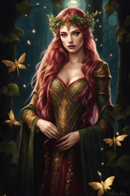 Burgundy hair, dark hair,dark red , rapunzel hair,very long hair,dark fairy princess,elven crown,night,dragonflies,beautiful,ong ashes,golden armor ,sparkle,night blooming,ivy,dark green,lilly of valley,golden elven crown,elven warrior,dark gold armor