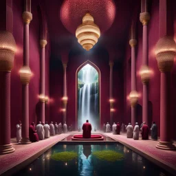 Hyper Realistic people praying inside a huge maroon wall mosque with waterfall, grass patches & small water ponds at night with small chandeliers