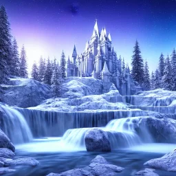  white crystal castle，waterfall, winter snow flakessnow, northern Lights, full of details, smooth, bright sunshine，soft light atmosphere, light effect，vaporwave colorful, concept art, smooth, extremely sharp detail, finely tuned detail, ultra high definition, 4 k, unreal engine 5, ultra sharp focus