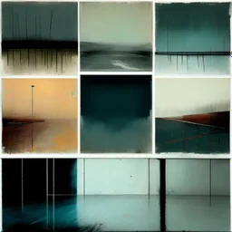 Minimal abstract oil paintings of a desolate concrete 1960s carpark. Road with distant Blurry lights. On the floor are concrete fragments and road markings . In the dark mysterious style of Justin Mortimer and Francis Bacon.