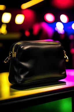 A stylish, compact 4x6 concert bag made of sleek black leather with gold accents, designed to hold essentials like a phone, wallet, and keys. The bag features a detachable strap, lying on a vibrant concert stage with colorful lights and an energetic crowd in the background.