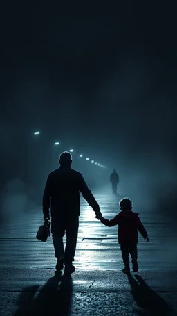 ,surrealism of the dark of a nightmare , hyper photorealistic, hyper detailed bright art color, high resolution, fog, octane render, tilt shift, HDRI Environment, all pictures dark gray, sad man walking with his son hand in hand both look at the ground