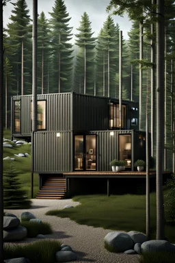 Medium sized, modern house in the woods made from shipping containers, photorealistic