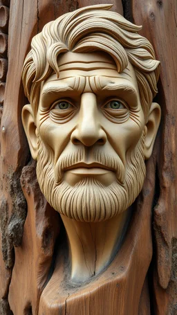 Create an ultra-realistic handcrafted wooden sculpture using the uploaded reference photo as the only identity reference. Transform the person into a real carved wooden statue made directly from a massive natural tree trunk. The sculpture must be carved into a huge, thick, ancient tree trunk with a large diameter, not a small log or short piece of wood. Preserve the person's exact identity, facial structure, expression, hairstyle, and unique features from the reference photo.