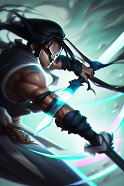 For Yasuo from league of legends, create a PFP that features a stylized version of his wind sword, with blue and white colors to represent his wind abilities. You could add some special effects, such as a glowing aura around the sword or some wind particles, to give it a more dynamic look.