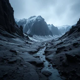 Photograph, a dark mass of terrain, giant museum space, powder, brook, dramatic colors, geological formation, architecture, minimalist, details of the terrain very accentuated, 8k, deep 3d field, sharp, brutalist, hasselblad h6d400c --ar 85:128 --v 6.0